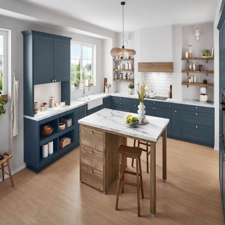 Küche im Landhausstil in Dunkelblau mit Marmor-Kochinsel, Holzregalen und Barhockern – Küchenfachhandel